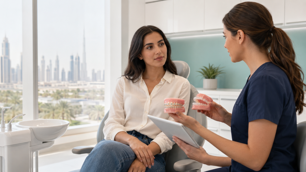 Patient discussing fixed and clear orthodontic options during a teeth braces consultation